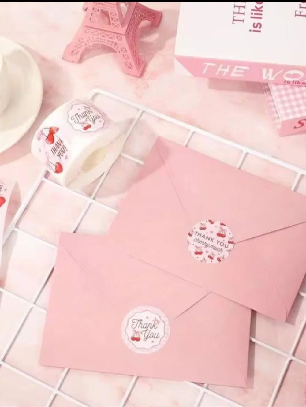 500pcs/Roll Cute Pink Cherry Thank You Self-Adhesive Stickers